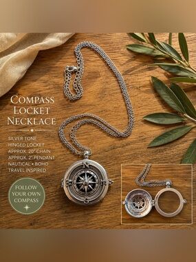 Compass Pocket Locket Necklace | Silver Tone |  Nautical Boho Statement Pendant